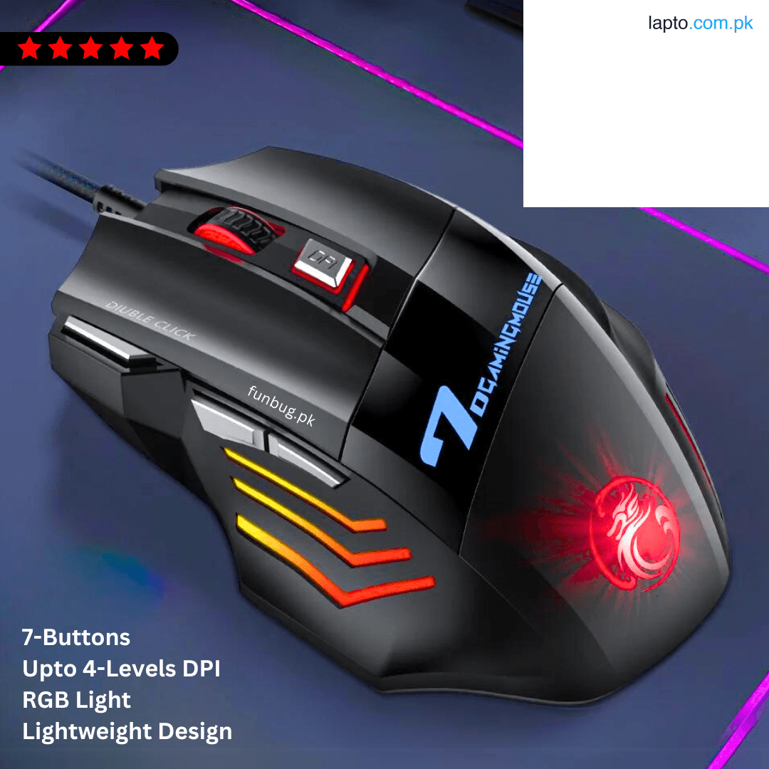 FunBug 7 Buttons Sports Mechanical Wired Gaming Mouse RGB with 4-Levels DPI Control - 7 Light Wired USB Optical Mouse with Side Buttons - Mouse with Pad for PC, Laptop, Computer, Gaming, Pubg Mobile