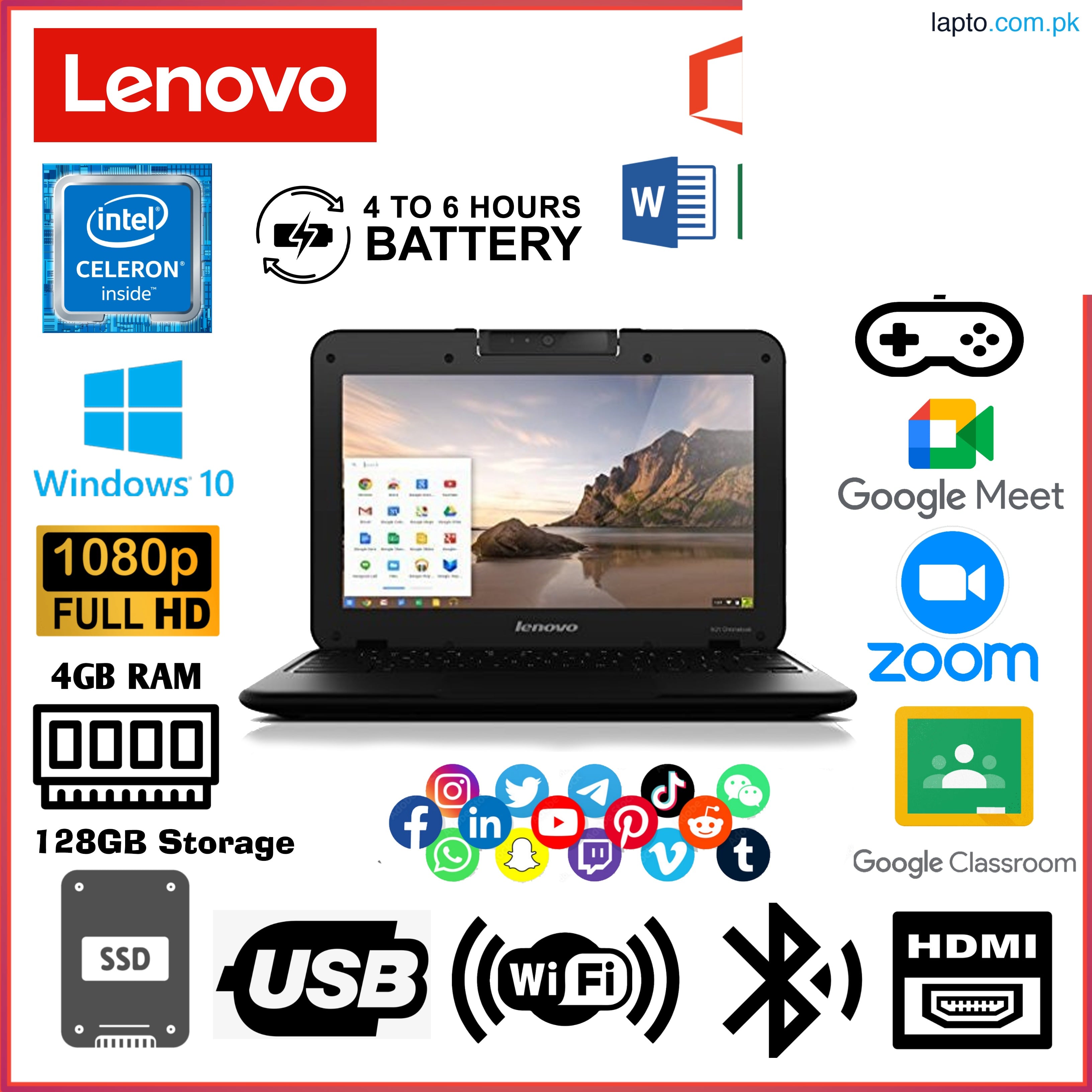 LENOVO ORIGINAL CHROMEBOOK | 128GB STORAGE | WINDOWS 11 INSTALLED | 4 TO 6 HOURS BATTERY | 11.6 INCHES FULL HD DISPLAY | WITH FREE LAPTOP BAG & CHARGER INCLUDED | TOP SELLING | MOST DEMANDED | TRENDY | HIGH PERFORMANCE | RELIABLE | AFFORDABLE
