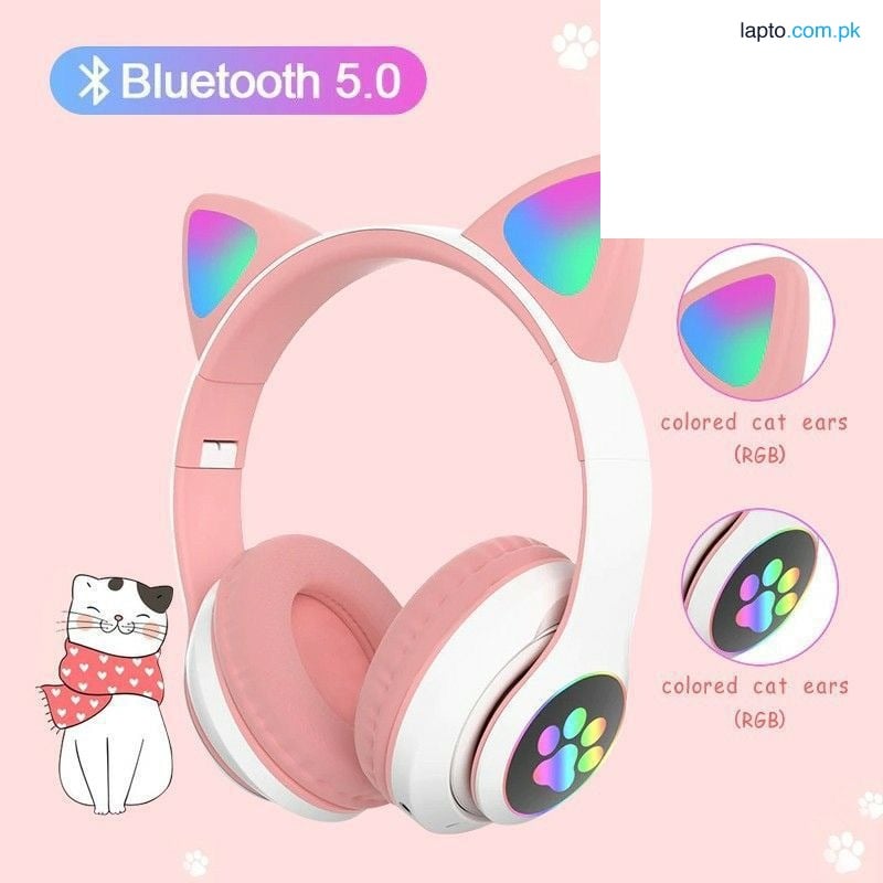 Cat Headphone / P47 Ear Wireless Bluetooth Headphones - Glowing LED Light-Up Foldable Headset for Kids and Adults