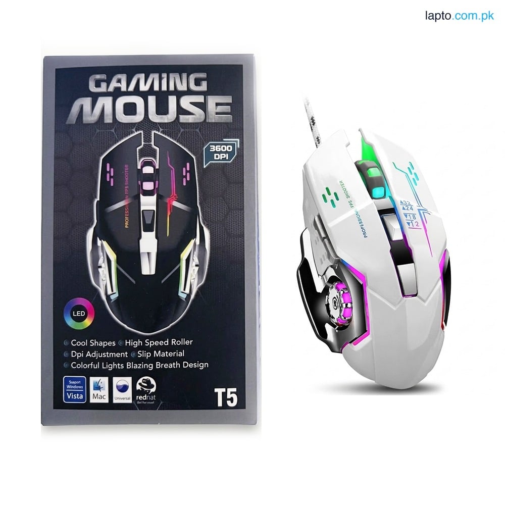 T5 RGB Gaming Mouse - 2400 DPI - 6 Button Mechanical Design - PC & Laptop Mouse for Gaming & Office
