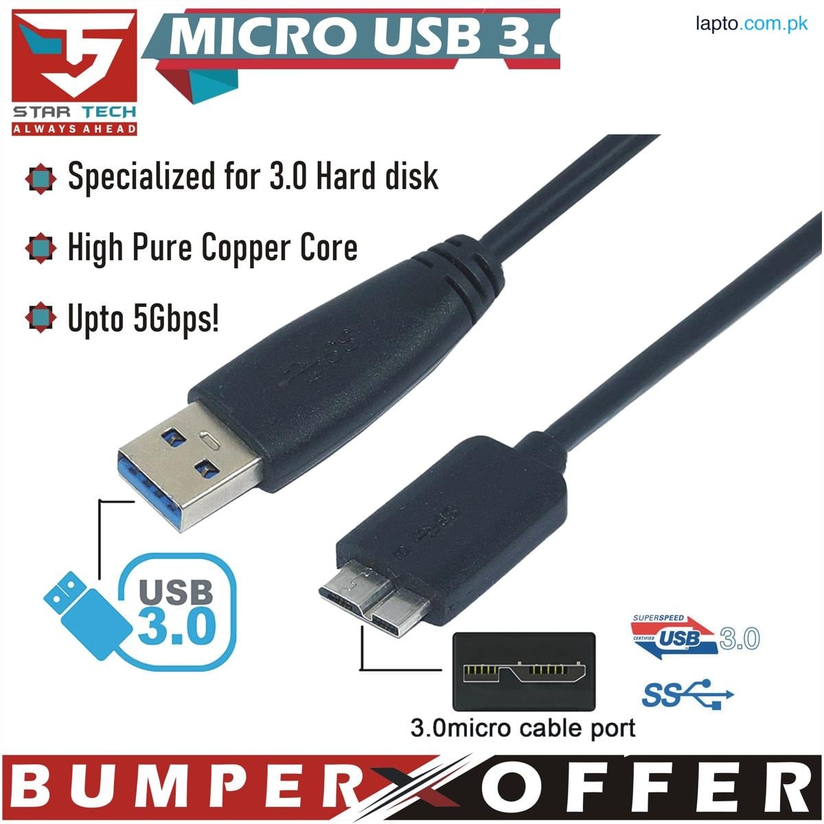 High Speed USB 3.0 Cable A to Micro B for Portable External Hard Drives