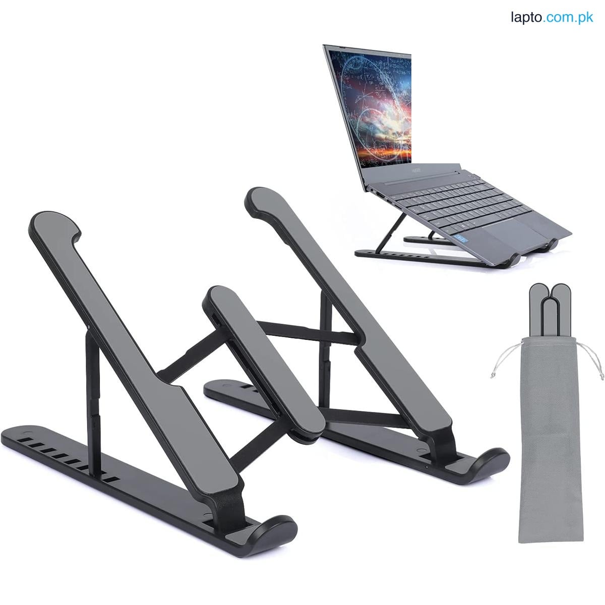 Foldable laptop stand for bed lightweight ventilate portable laptop stand with 7-Level adjustable Height for 11 - 15 Inch notebook stand ABS High Quality plastic laptop stand with aluminum center rod and non-slip silicon grip.