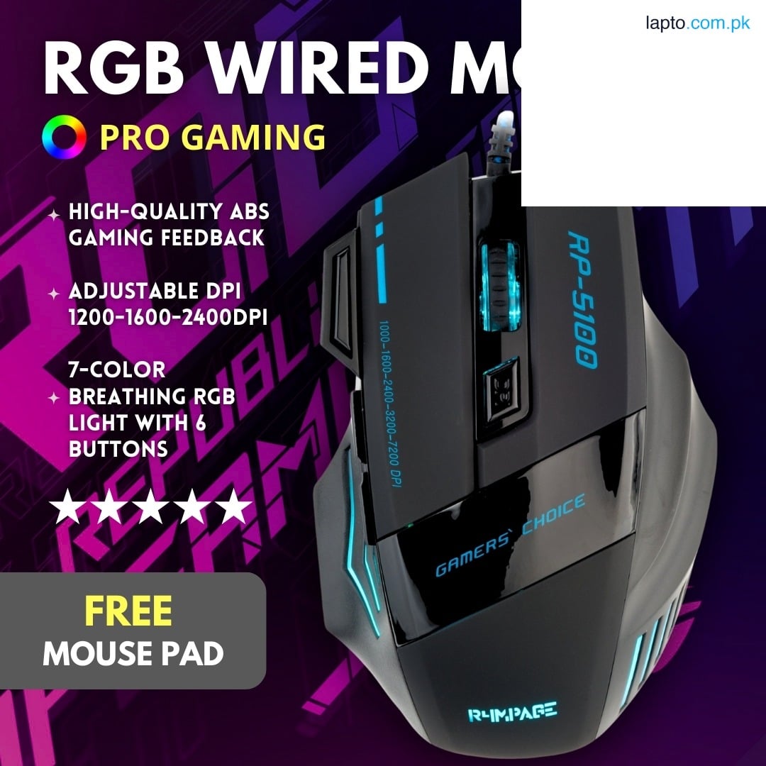 PRO Gaming Mouse USB Wired RGB with 3200dpi - LED Optical Computer Mouse with 6 Buttons & Braided Wire including Side Buttons - Mouse with FREE Mouse Pad for laptop, PC, Gaming & Office Use