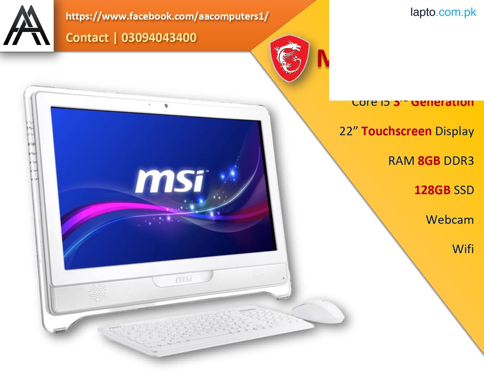 Touchscreen All-In-One - Core I5 3rd Generation - 8GB DDR3 RAM - 128GB SSD - 22" Inches Touchscreen - Wifi - Webcam - Renewed