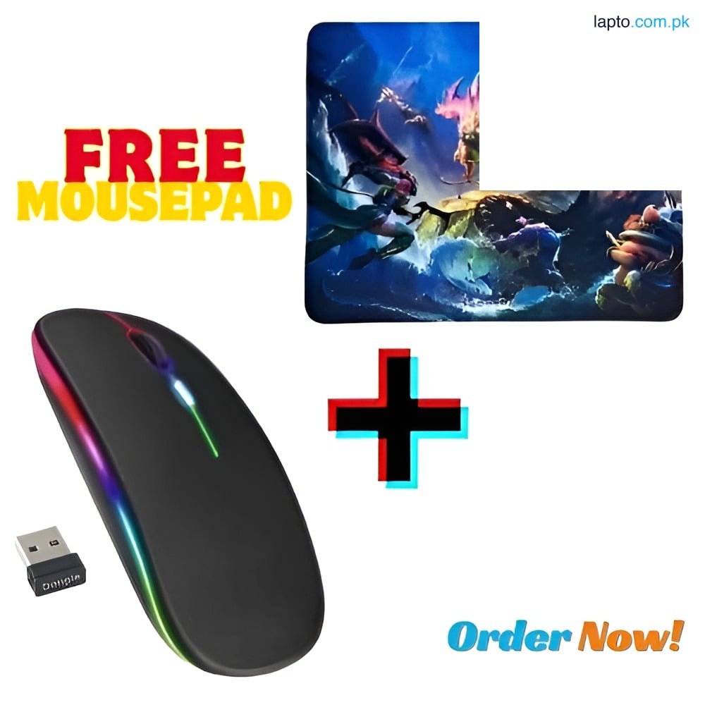 Rechargeable Bluetooth Wireless Dual Mode RGB Silent Click Mouse - RGB Mouse / Mouse with Dragon Mousepad / Mouse with Logitech Mousepad - 7 Colors - High Performance with 7 LED Lights