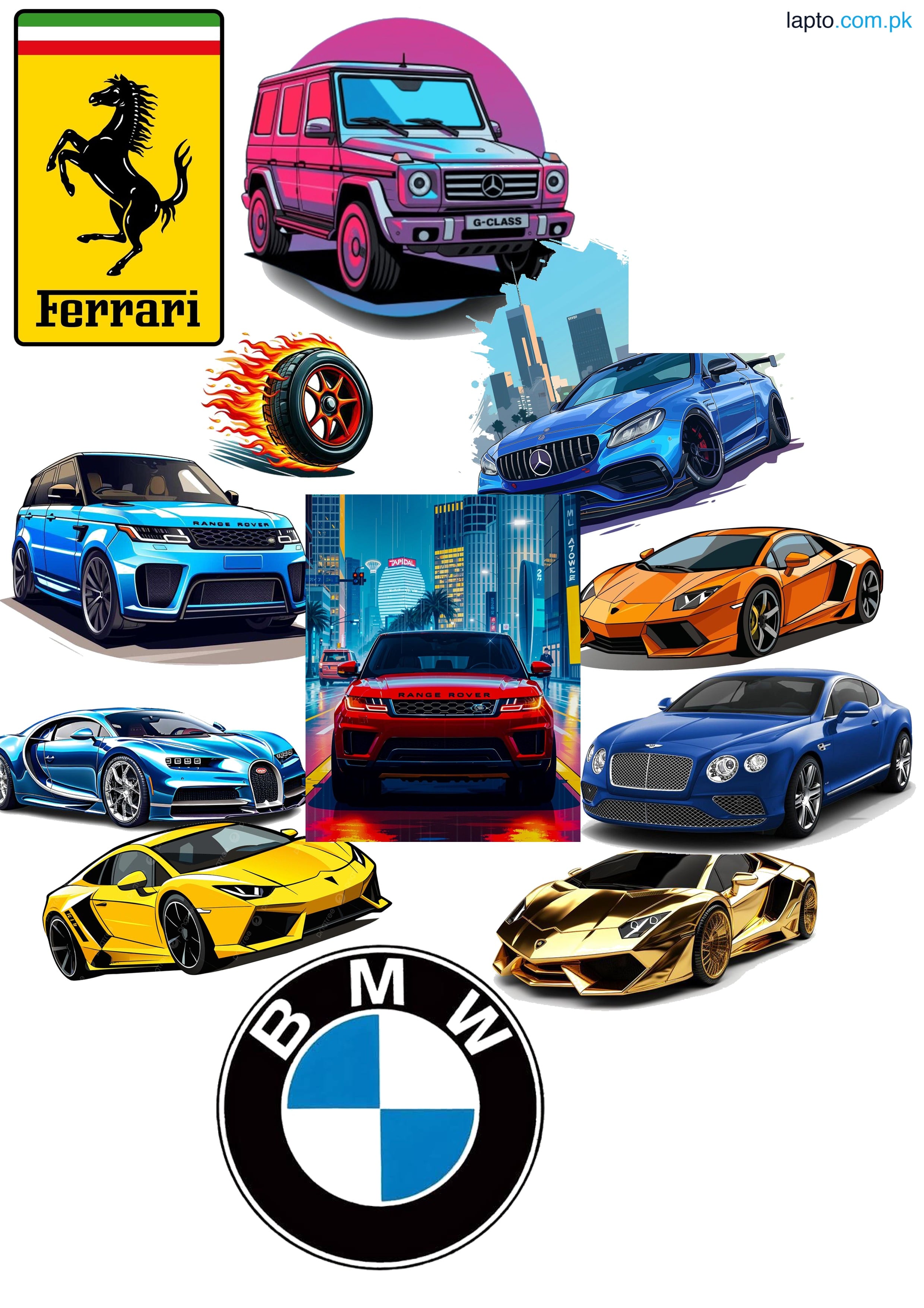 Pack of 13 - Premium Luxury Supercars & Logos Sticker Pack – Lamborghini, Ferrari, Porsche, BMW, Mercedes, Range Rover, Bugatti – Stickers for Laptops, Mobiles, scrap book and belongings