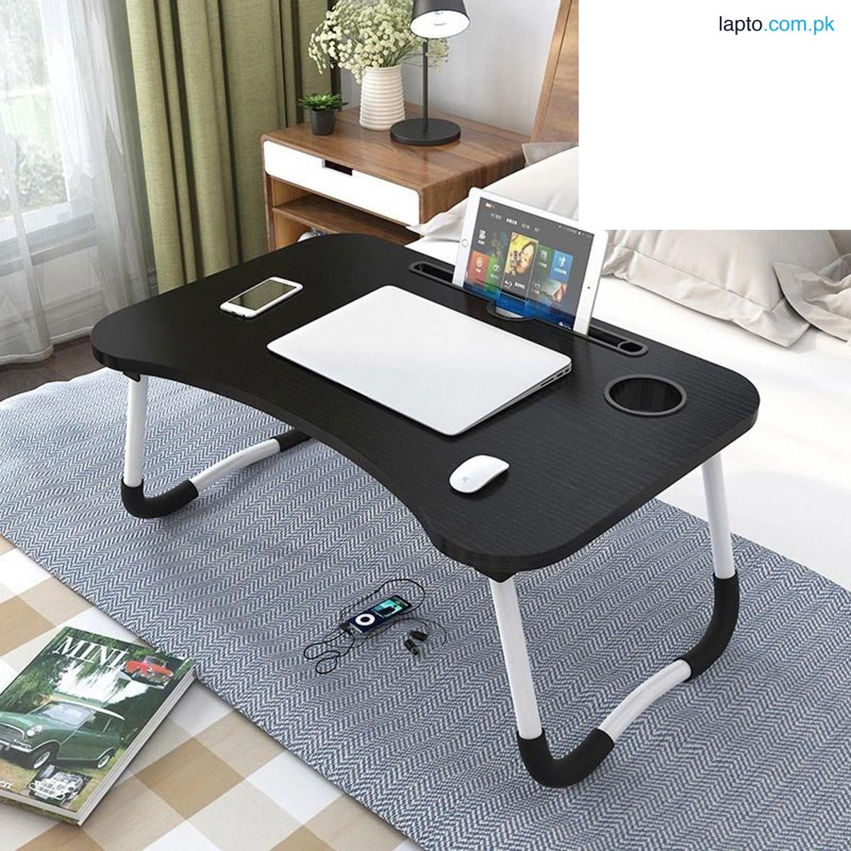 Wooden Gaming Laptop Table For Bed Foldable Stand Ergonomic Portable Drawing Notebook Reading Food Breakfast Serving With Inbuild Tablet And Cup Holder Slots Couch Black Brown Pink Yellow Green White Blue