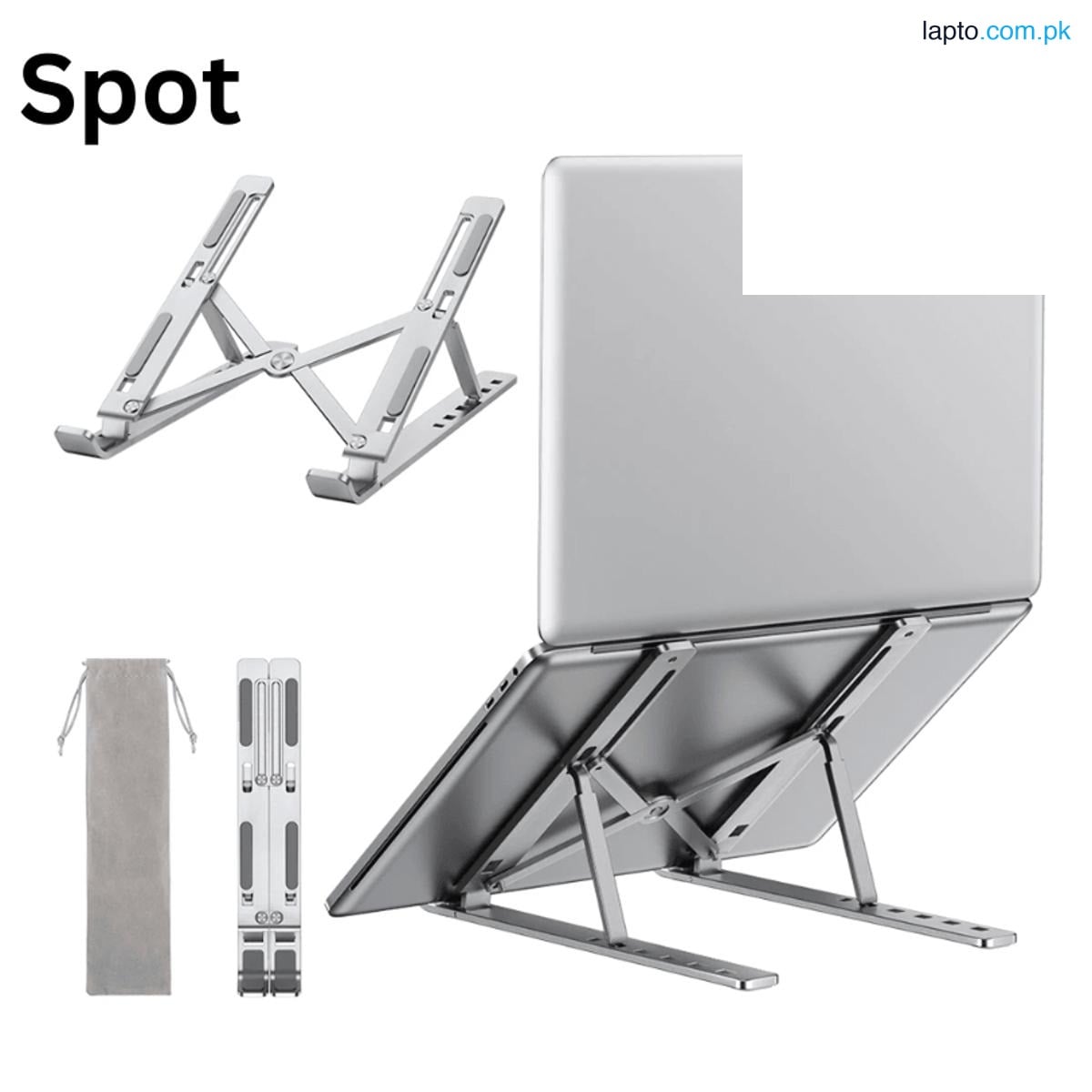 Laptop Stand Spot - Adjustable Laptop Stand, Portable Aluminum Laptop Riser Laptop Holder for Desk, Foldable Ventilated Cooling With Anti Slip Rubber Grips Silver