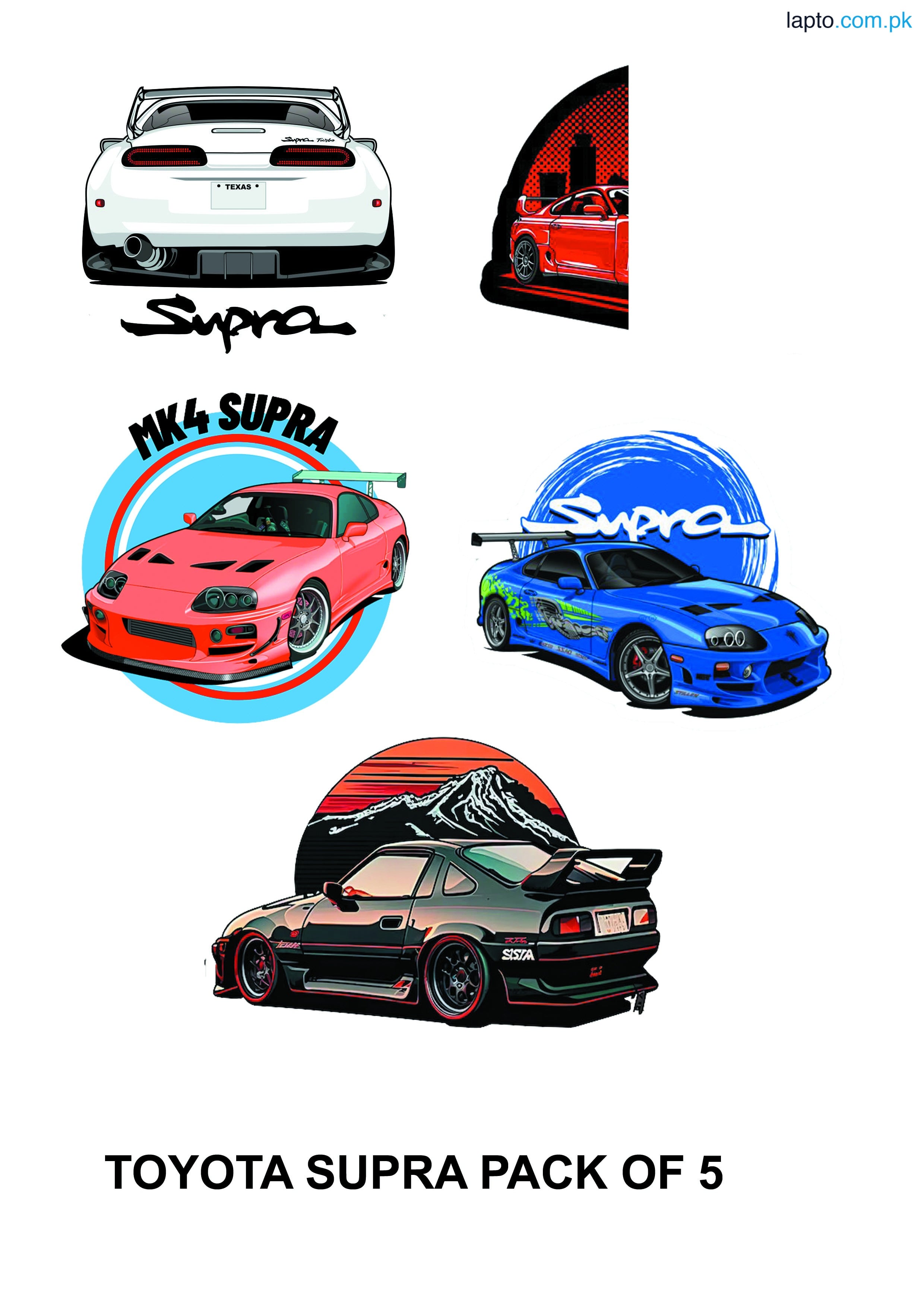 Toyota Supra Car Stickers Pack of 5 | Glossy Stickers for Laptop, Mobile & Diary (3×2 Inch)