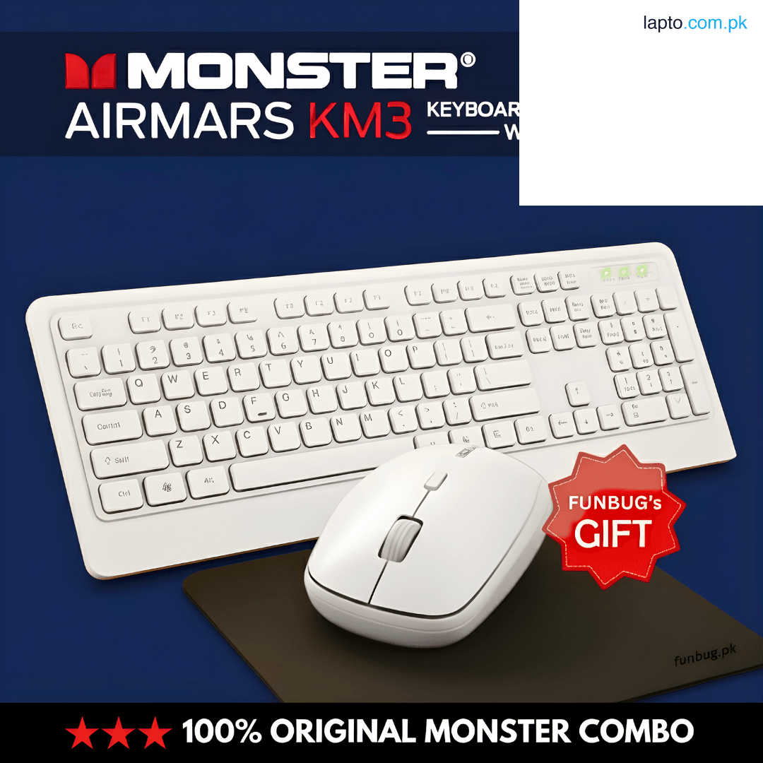 Premium Wireless Keyboard and Mouse Combo with FREE Mouse Pad – 3in1 Mouse and Keyboard Set White for Laptop, PC, Computer, Mobile with Ergonomic Design for Home, Office & Gaming Use - Monster KM3 by FunBug