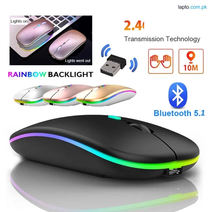 Rechargeable Bluetooth 5.1 Wireless Mouse with 2.4GHz USB RGB 1600DPI Mouse For MacBook Tablet Computer Laptop PC Mice