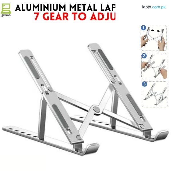 Aluminium Laptop Stand Silver & Black With Detachable Single & Dual Fan Stand For Laptop - 7 Gear To Adjust Height & Anti Slip Rubber Grip - Full Metal Body Adjustable Portable And Foldable Laptop Stand
