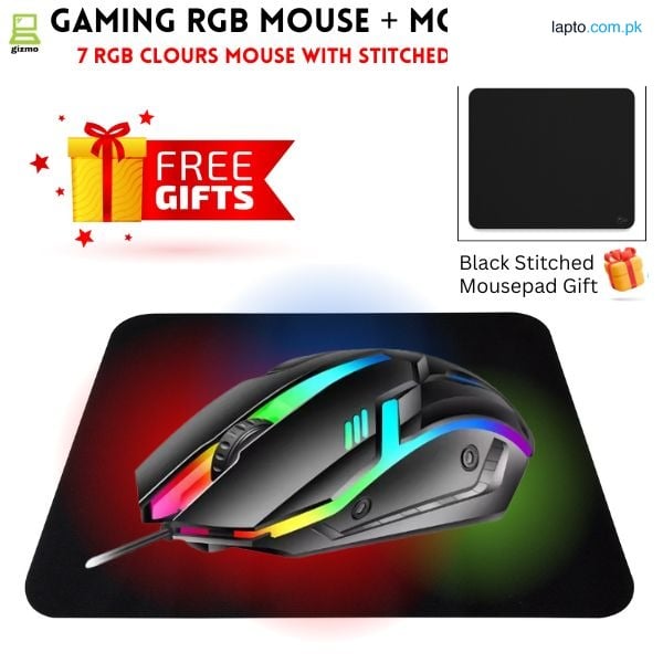 RGB Gaming Mouse With Mousepad - 7 Light Breathing Colours In Mouse & Red Medium Size Mouse Pad All Sides Stitched - USB Wired Gaming Mouse For PC & Laptop - No Side Button - Black