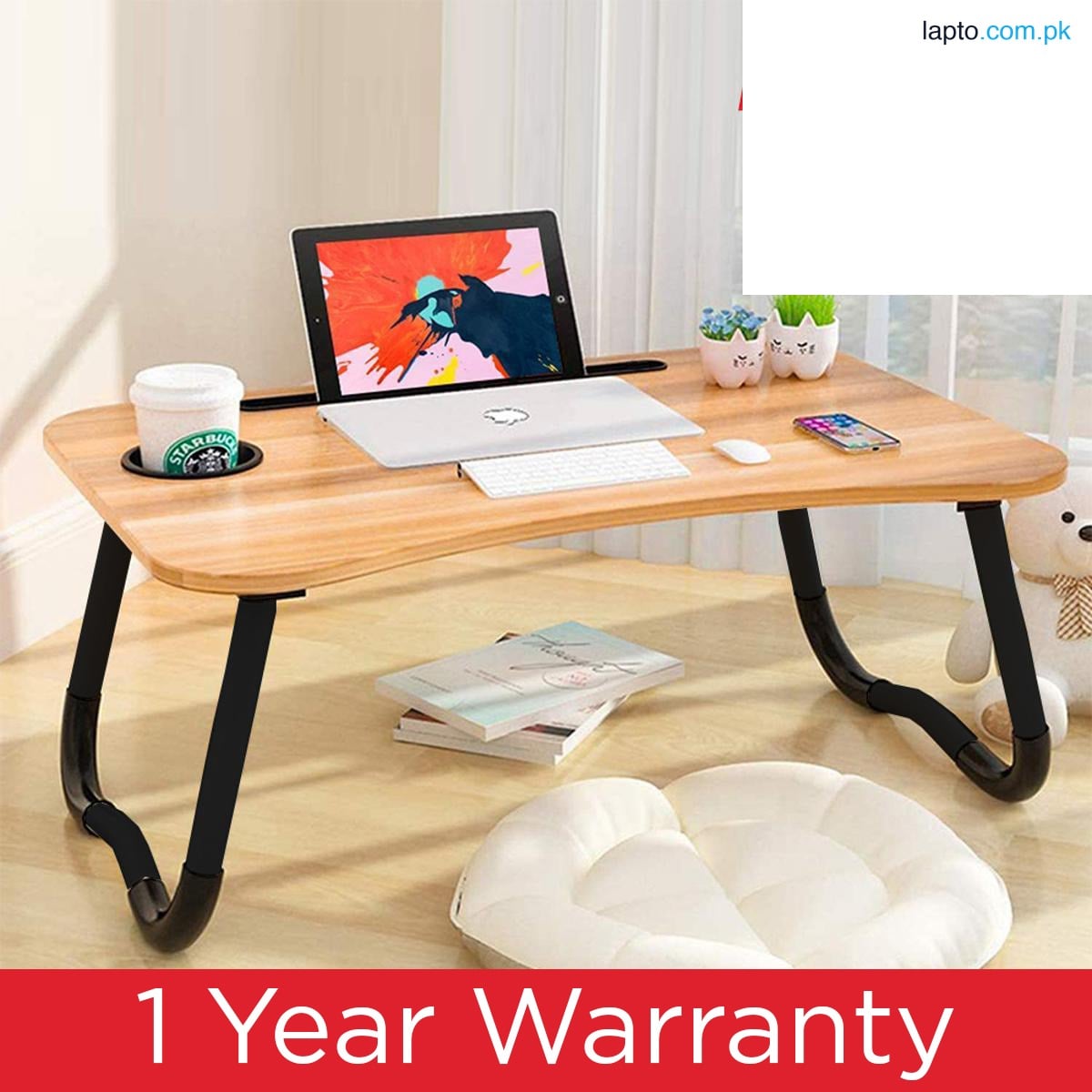 Energy - ENRG Wooden Gaming Laptop Table With Fan For Bed Foldable Stand Ergonomic Portable Drawing Notebook Reading Food Breakfast Serving With Inbuild Tablet And Cup Holder Slots Couch Black Brown Pink Yellow Green White Blue