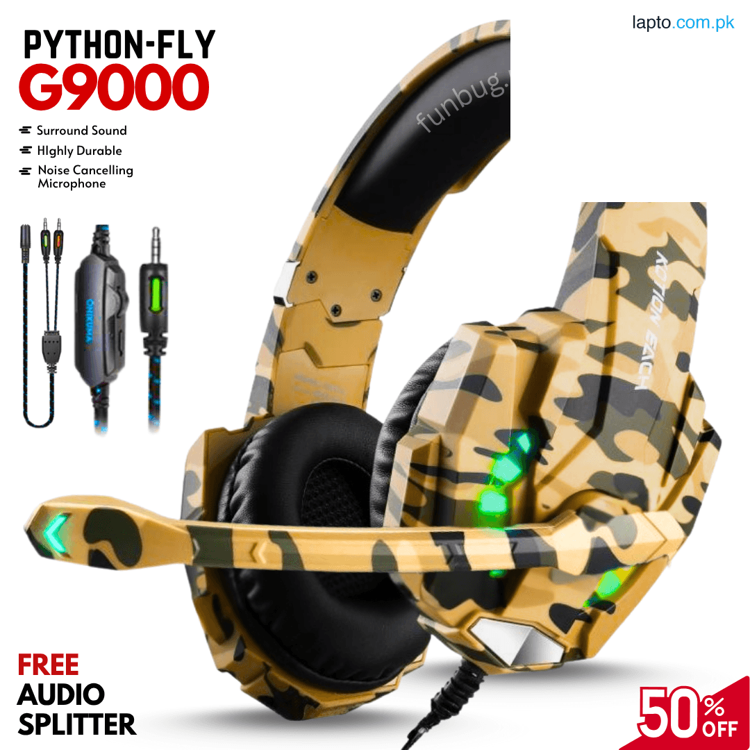 Original Python Fly G9000 Gaming Headphones with Noise Cancelling Microphone ~ Black & White Headset with Stereo Sound for Mobile, PC, Laptop, Computer, PlayStation4, Xbox ~ PS4 Headphone with Mic ~ USB & 3.5mm Wired Plug ~ By FunBug