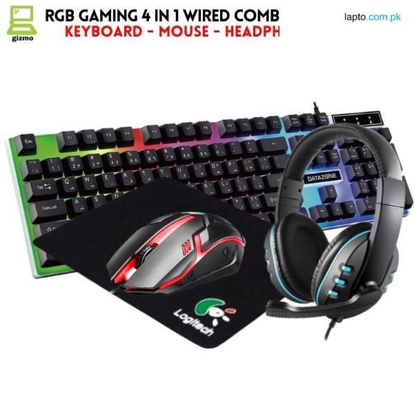 RGB Gaming Keyboard & Mouse & Headphone & Mousepad & Headphone Stand 4 in 1 Wired Combo - 7 RGB Colors In Combo - 4 Product USB Wired RGB Pack For Gaming - Compatible With PC & Laptop - Black