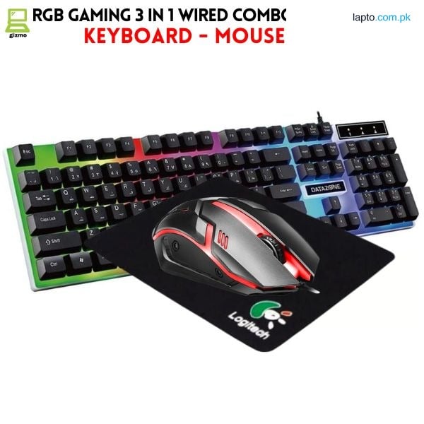 RGB Gaming Keyboard & Gaming Mouse & Mousepad 3 in 1 Combo Pack - 7 Colour Wired RGB Mouse and Keyboard Set - USB Wired Pack For PC & Laptop - Black
