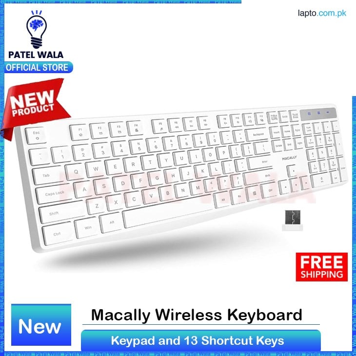 Macally Wireless Keyboard - 2.4G Ergonomic Full Size Keyboard | Numeric Keypad with 13 Shortcut Keys | Plug & Play Quiet Cordless Keyboard for Laptop & Windows PC – White
