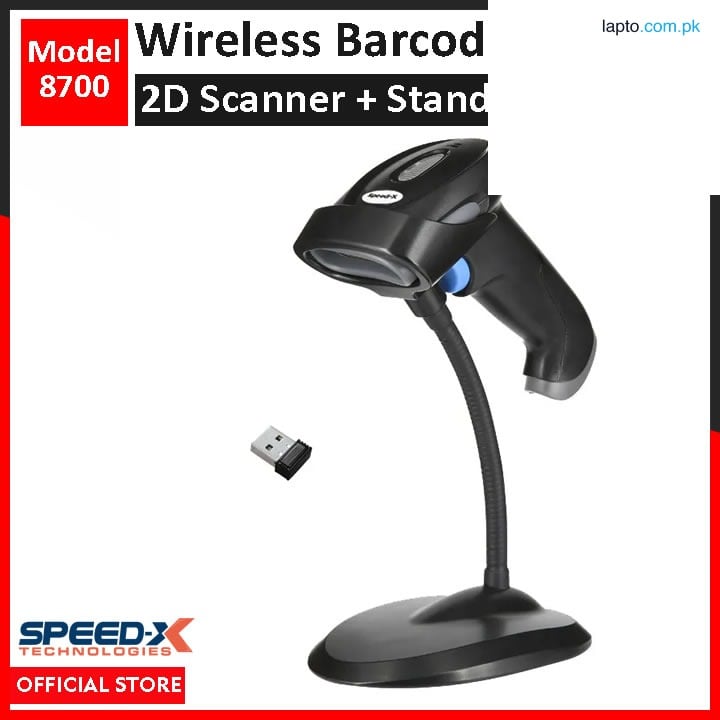 SpeedX 2D Wireless Barcode Scanner Model: 8700 - 2.4Ghz Barcode QR Code Reader with Stand & Receiver