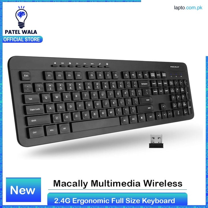 Macally Wireless Keyboard - 2.4G Ergonomic Full Size Keyboard | Wireless USB Keyboard for Laptop, Windows PC & Desktop | Quiet, Comfortable Typing Experience – Black – Patelwala