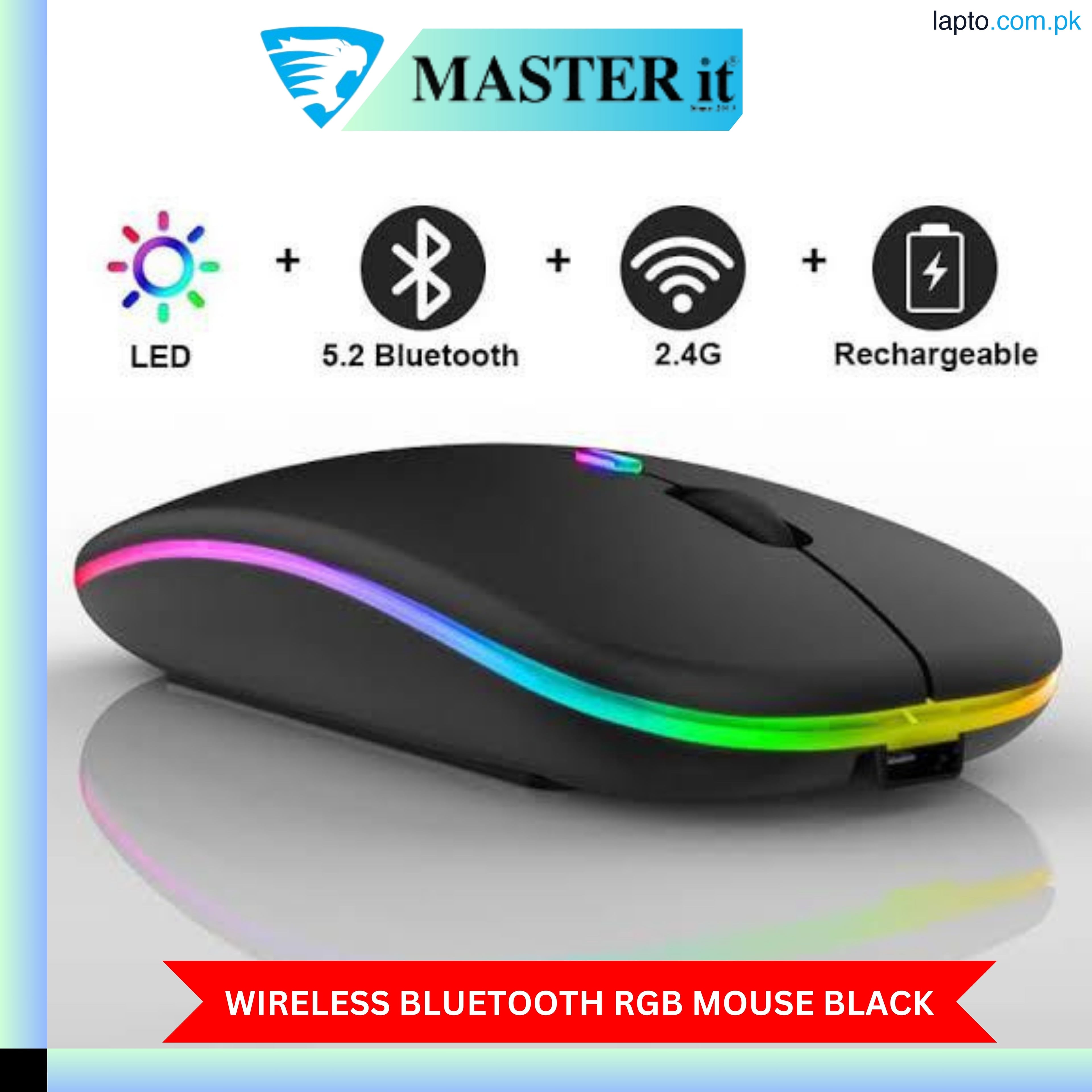 RGB Wireless Mouse - Slim & Silent 7 Colour LED Lights - Transparent & Black Body - Dual Mode 2.4G & Bluetooth Rechargeable Portable Optical Office Mouse With USB Receiver - 3 Adjustable DPI Levels for Notebook, PC, Computer, MacBook