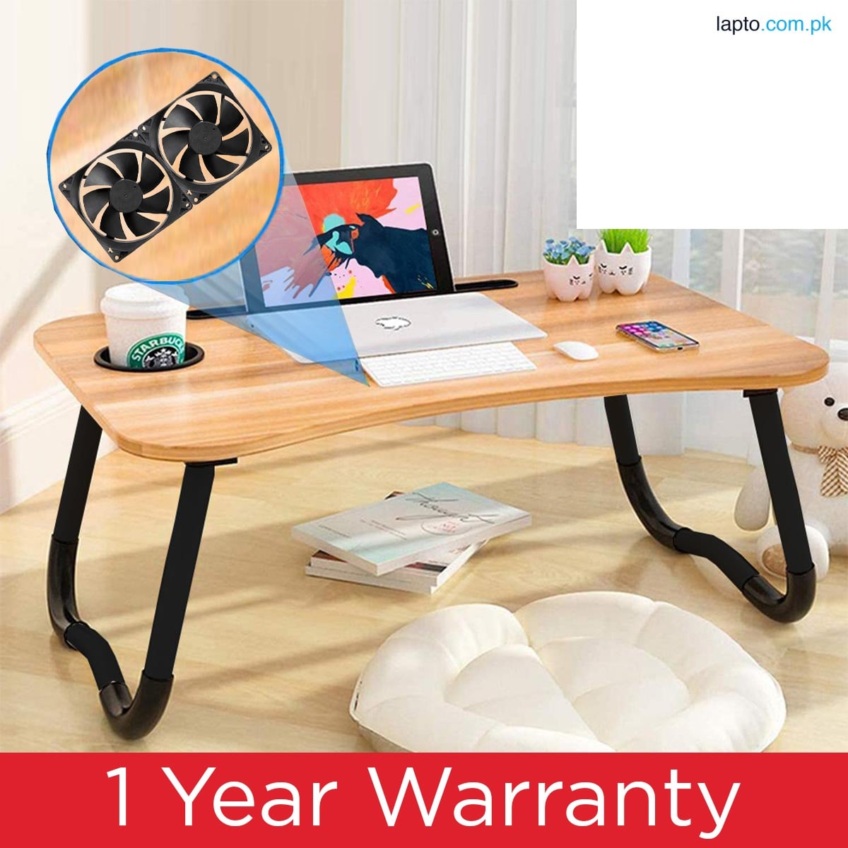 Wooden Gaming Laptop Table With Dual Fans For Bed Foldable Stand Ergonomic Portable Drawing Notebook Reading Food Breakfast Serving With Inbuild Engraved Tablet And Cup Holder Slots Couch For HP Apple Mackook M1 Dell Lenovo MSI Asus