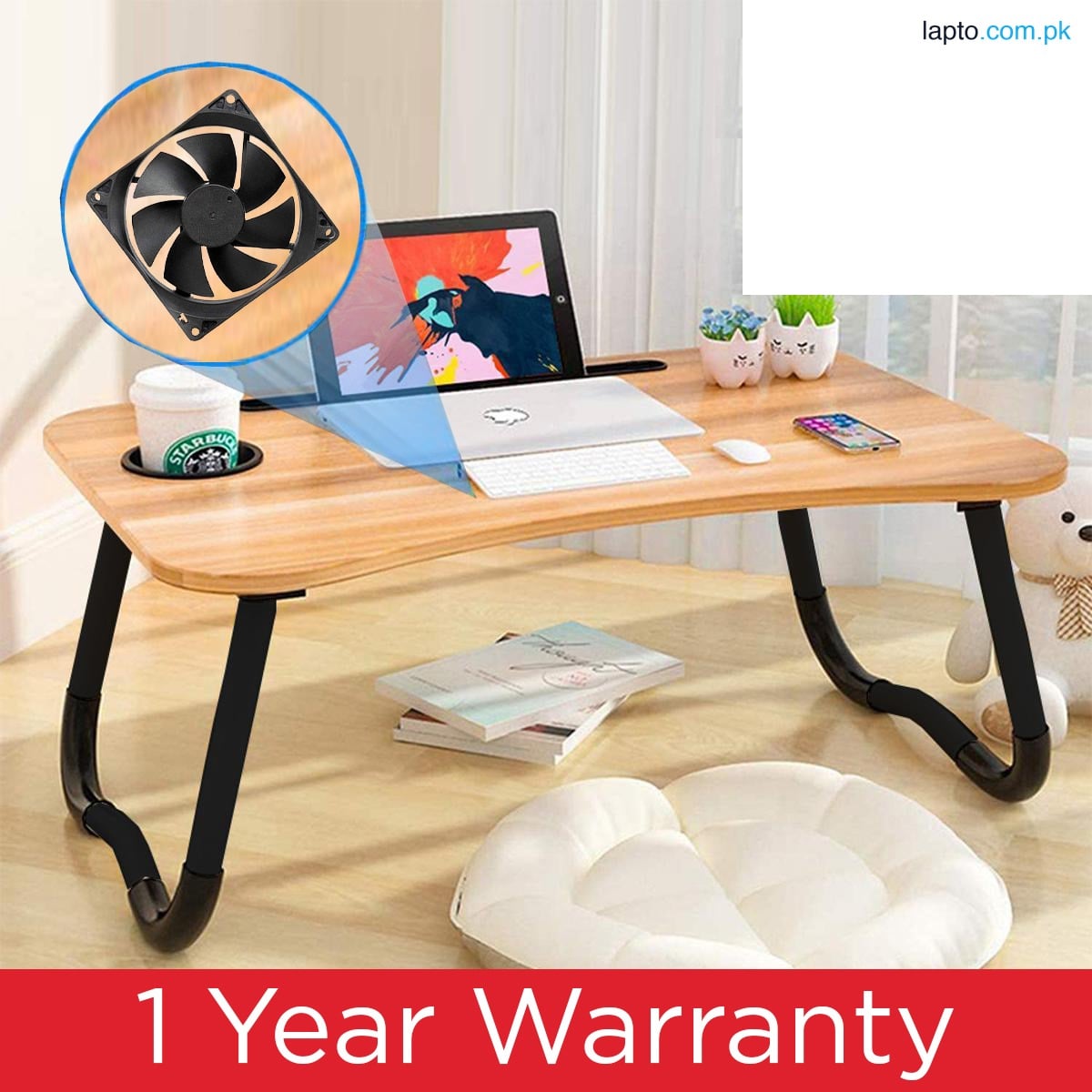 Wooden Gaming Laptop Table With SIngle Fan For Bed Foldable Stand Ergonomic Portable Drawing Notebook Reading Food Breakfast Serving With Inbuild Engraved Tablet And Cup Holder Slots Couch For HP Apple Mackook M1 Dell Lenovo MSI Asus