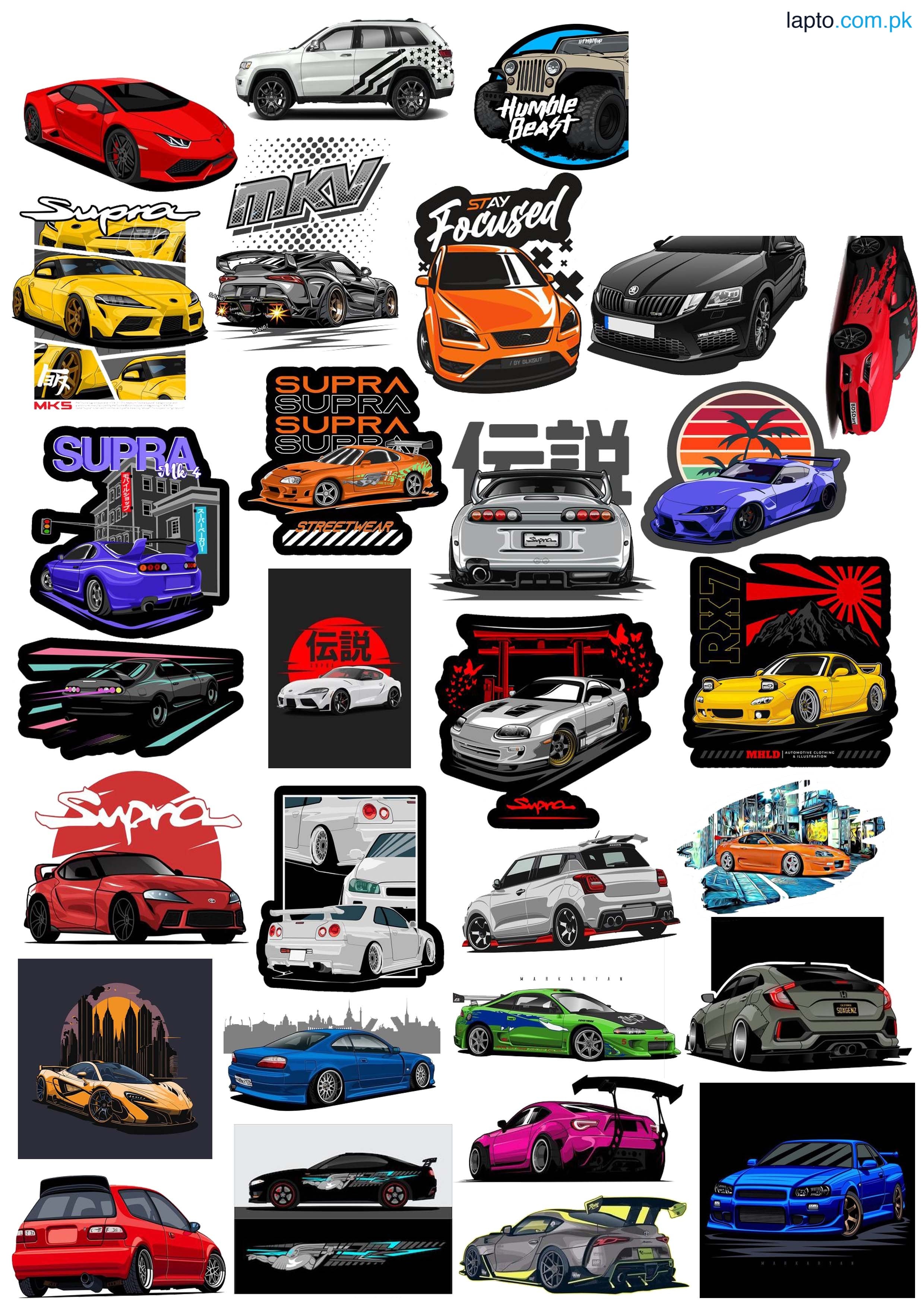 Pack of 30 Car Stickers for Girls Sticker For Boys Stickers - sports Car Sticker Kids Sticker Car Lover Sticker For Laptop & Mobile Sticker 2 Inch x 2 Inch Each Sticker Size