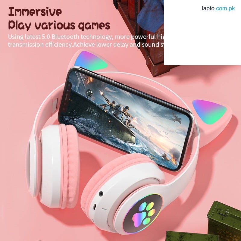 Kids Cat Ear Headphones with Built-in Microphone, 400mAh Long-Lasting Battery, Wired & Wireless Modes, Colorful LED Lights