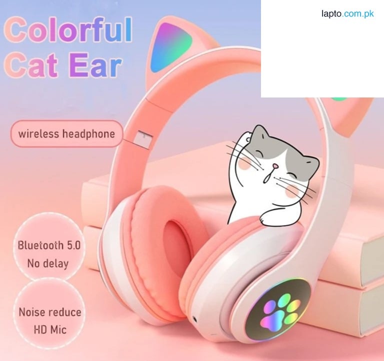 Kids Cat Ear Wireless Headphones with LED Lights, Bluetooth Over-Ear, Pink, with Microphone for Phone, Laptop, and Gift for Girls