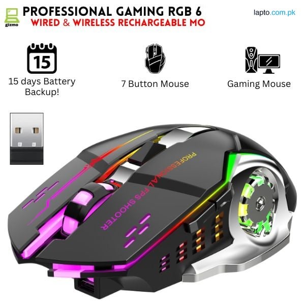 Rechargeable Gaming Mouse 6 Button RGB Lights Mouse - Wired & Wireless Rechargeable Gaming Mouse With 7 Breathing RGB Lights - 2 Side Button & DPI Button - For Professional Gaming On PC / Laptop - White & Black