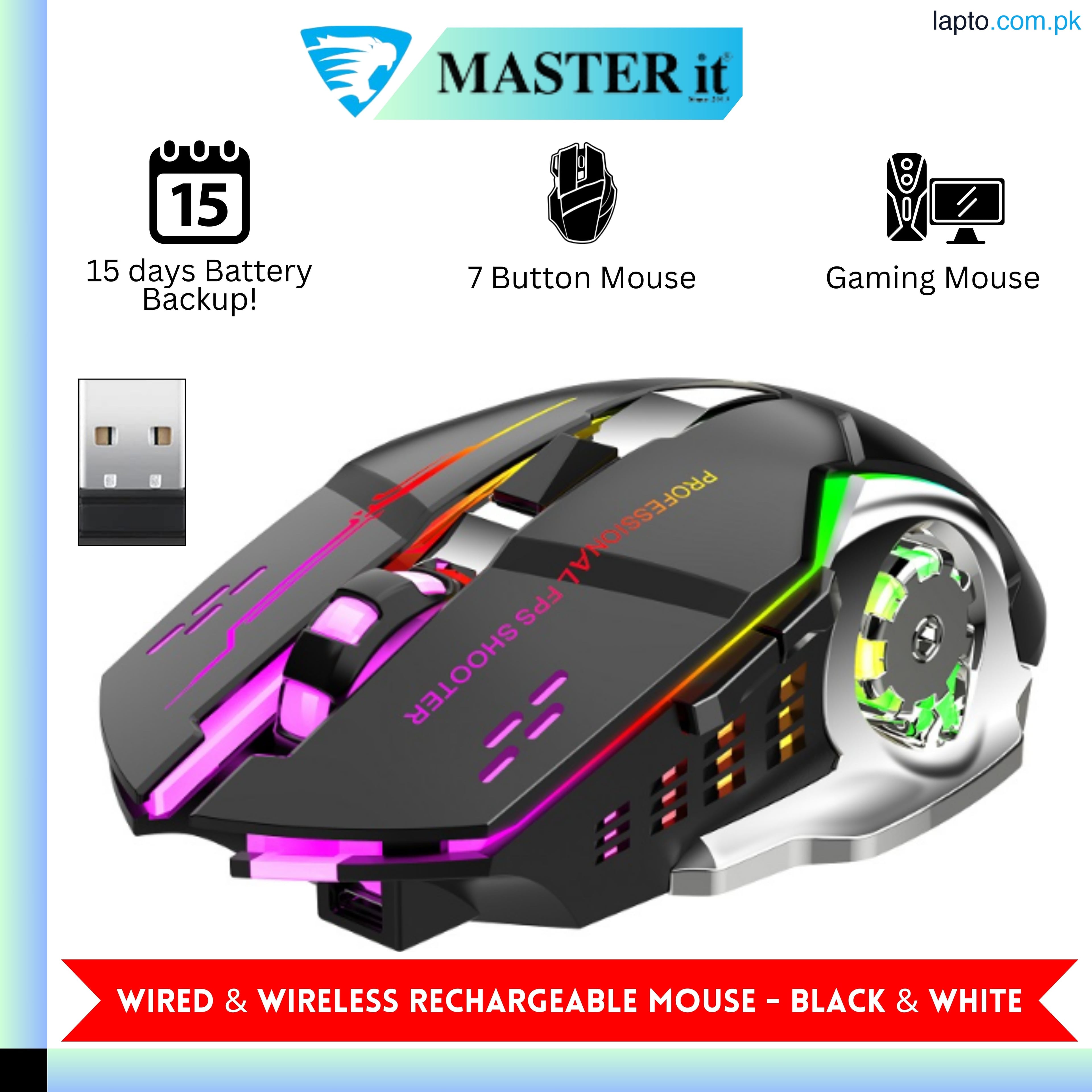 Wired & Wireless Gaming Mouse RGB - 7 Light Breathing RGB Mouse Gaming With 7 Side Buttons USB Wired & Wireless Professional Gaming Mouse For PC & Laptop - White & Black