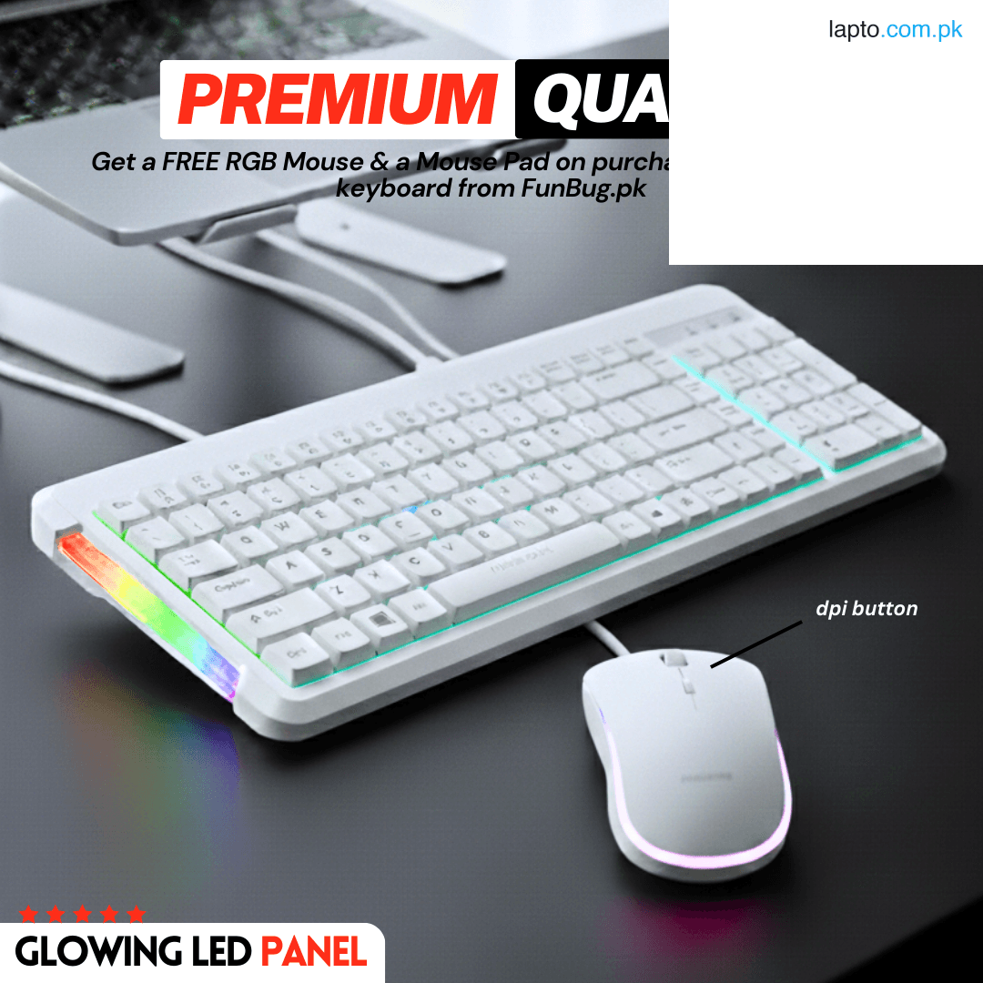 FunBug Waterproof Gaming Keyboard and Mouse Combo with RGB Side LED Panel - Mechanical Feeling Wired Keyboard & 2400 DPI Mouse with FREE Mouse Pad for Pubg Mobile, Laptop, PC Computer - 3 in 1 Gaming Bundle -Black, White, Green