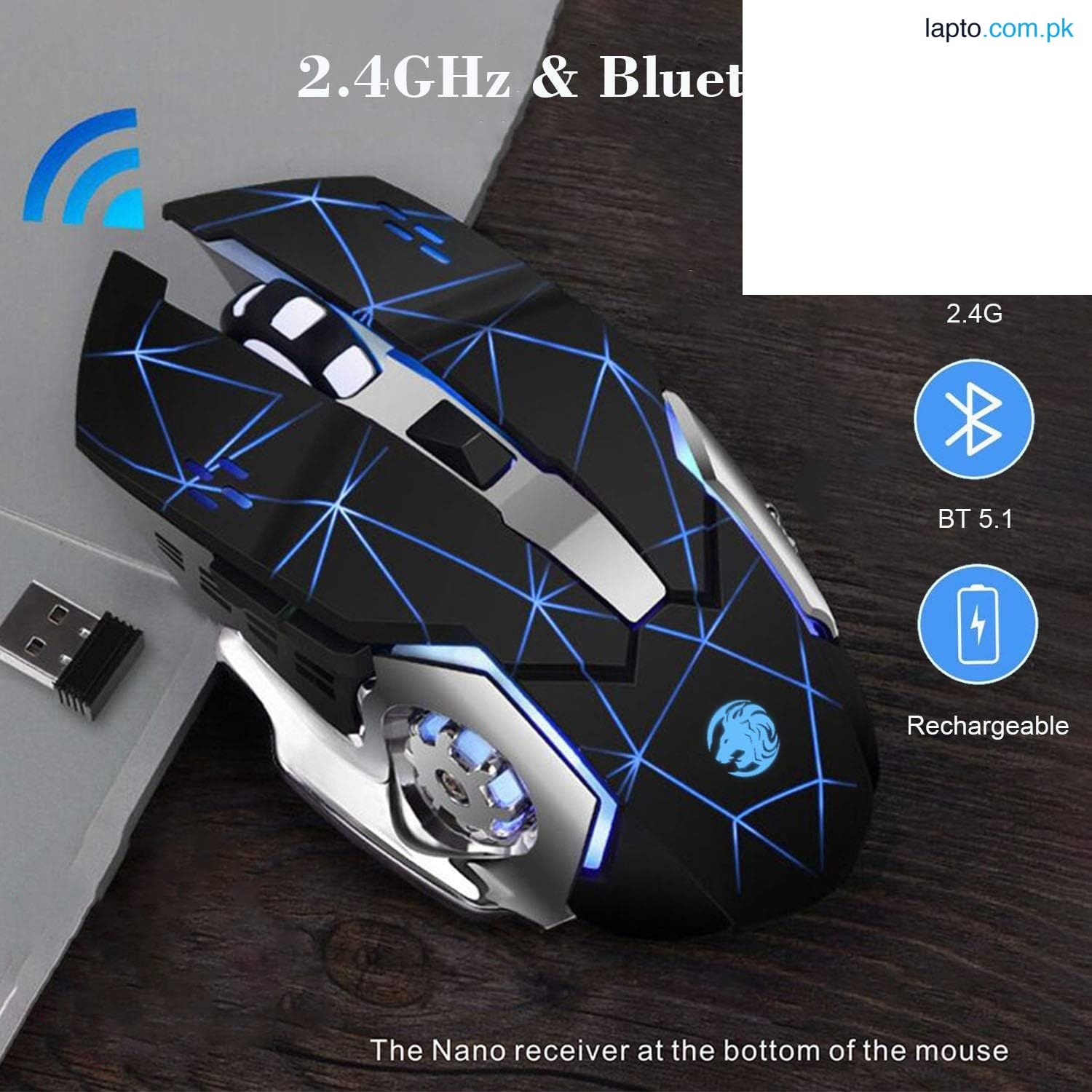RECHARGEABLE WIRELESS GAMING MOUSE 6D DUAL MODE WITH RGB BREATHING LIGHTS & ADJUSTABLE DPI UPTO 3000- SILENT CLICKS - UPTO 2-3 DAYS BATTER TIMING BEST FOR GAMING.