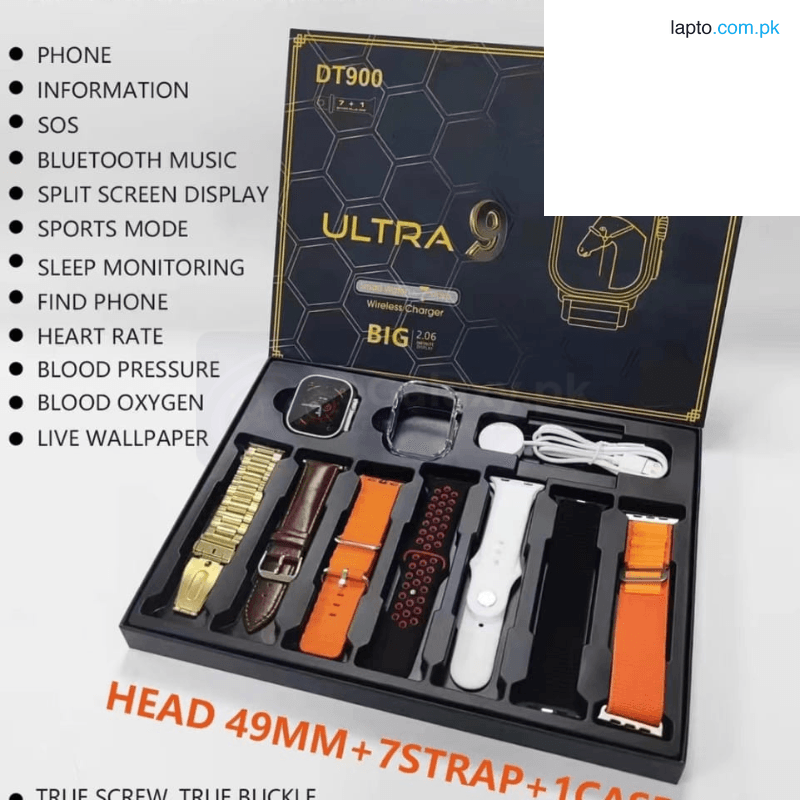 DT900 Ultra Smart Watch with 7-in-1 Interchangeable Straps - Fitness Tracker, Heart Rate Monitor, Sleep Analysis, Bluetooth Connectivity - Multi-Function Smartwatch for Men and Women -Waterproof,iOS and Android Compatible - with Health and Fitness Feature