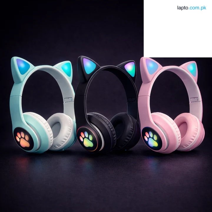Kids Cat Ear Headphones with LED Light and Microphone - Wired/Bluetooth Over-Ear Headset for Gaming, Music, and Communication