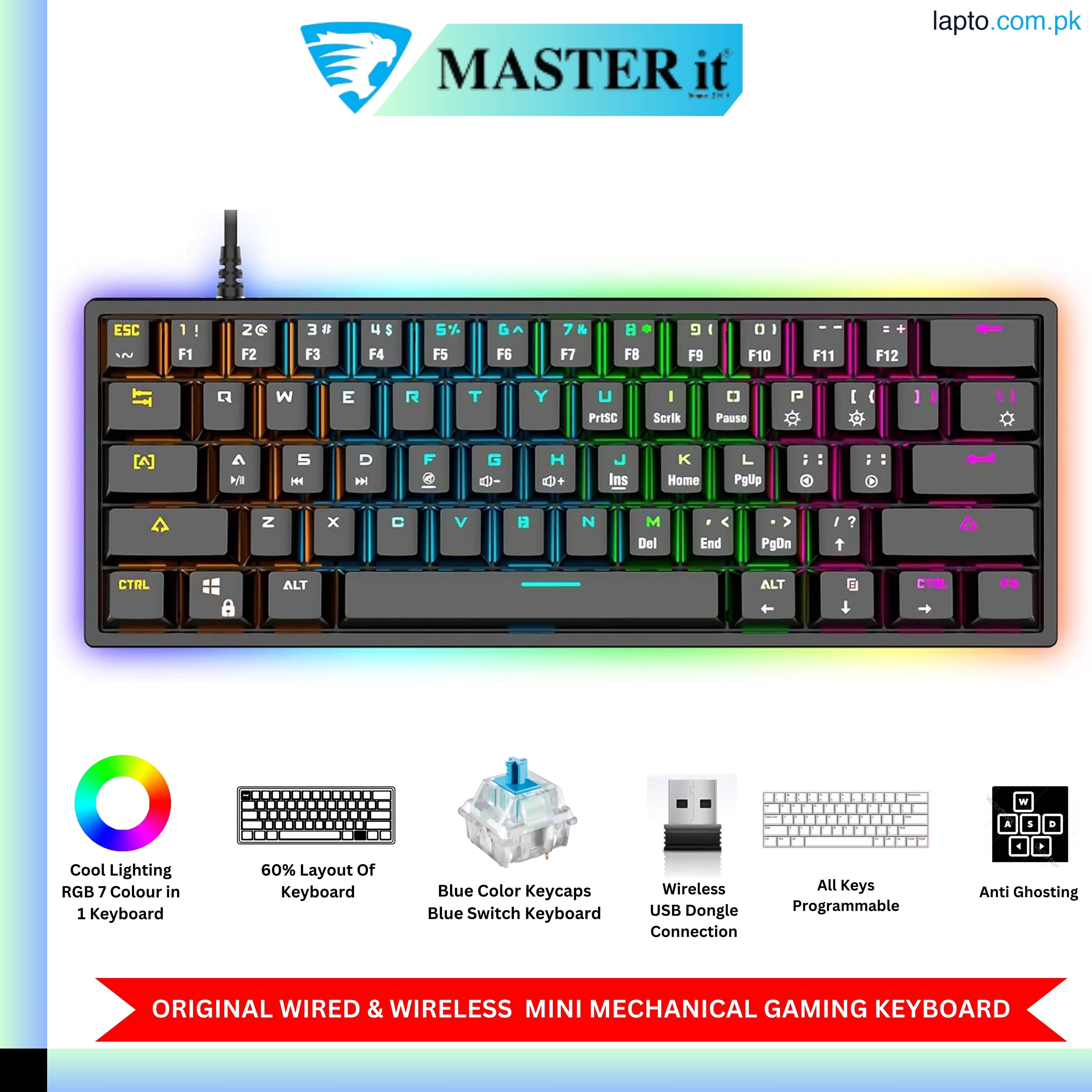 RGB Gaming Keyboard - Mechanical Keyboard Blue Switch Wired/Wireless Mini RGB Keyboard 61/63 Keys Without Numpad - RGB Light Mechanical Keyboard Black - Detachable TYPE-C Wired/Wireless For Professional Gaming - Compatible With PC & Laptop