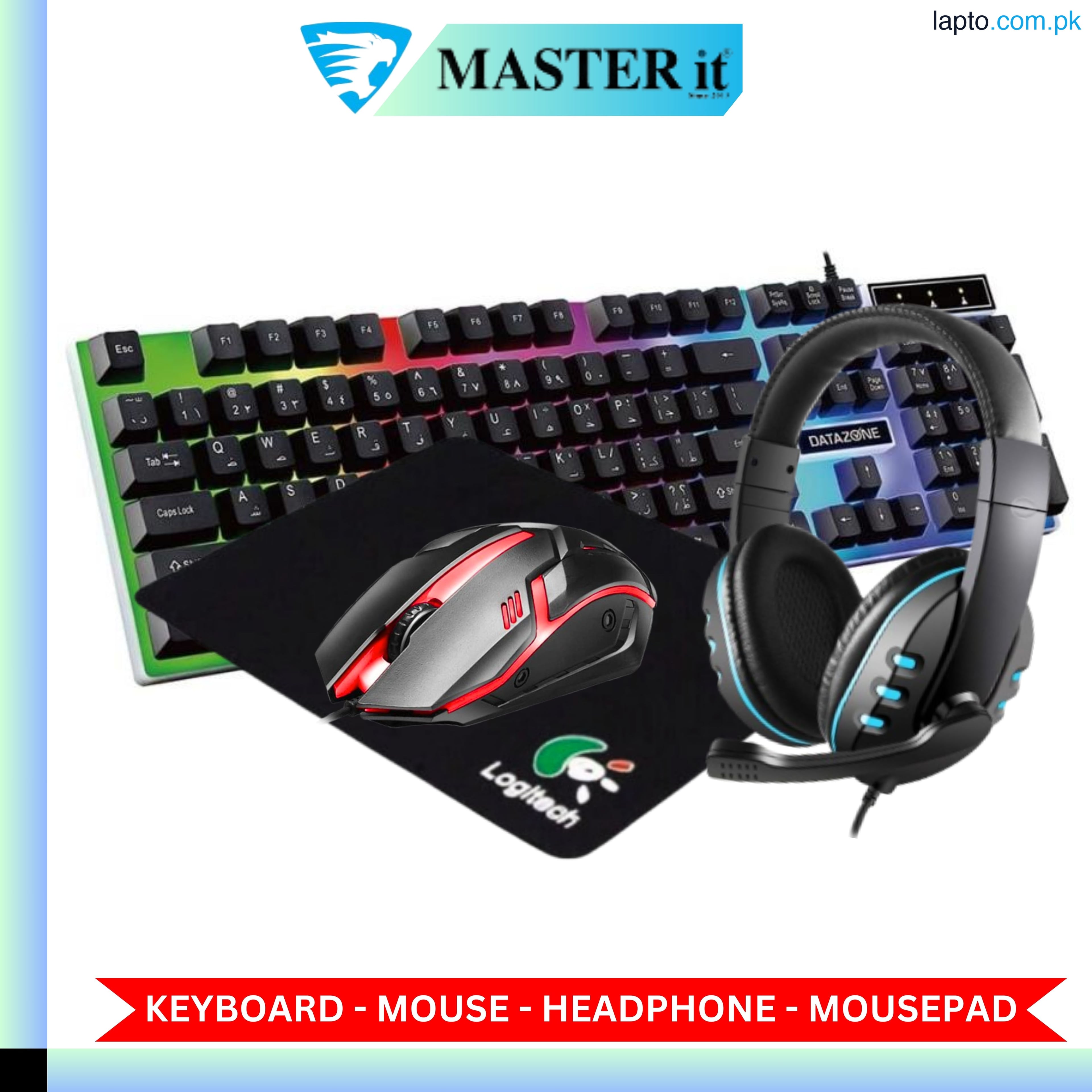 RGB Gaming Keyboard & Mouse & Headphone & Mousepad & Headphone Stand - 4 in 1 RGB Gaming Wired Combo - 7 RGB Colors In Combo - 5 Product USB Wired RGB Pack For Gaming - Compatible With PC & Laptop - Black