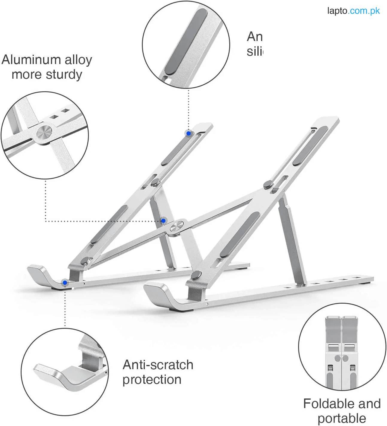 Portable Aluminum Foldable Laptop Metal Stand Adjustable Height Folding Laptop Holder Solid Stand With Anti Slip Rubber Grips - Silver