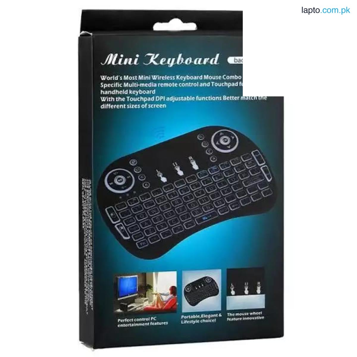 i8 - MINI WIRELESS QWERTY KEYBOARD - 2.4Ghz - WITH COLORFUL BACKLIGHT & TOUCHPAD - MULTIMEDIA CONTROL FOR PC, ANDROID TV BOX, X-BOX PLAYER, SMARTPHONES (BLACK)