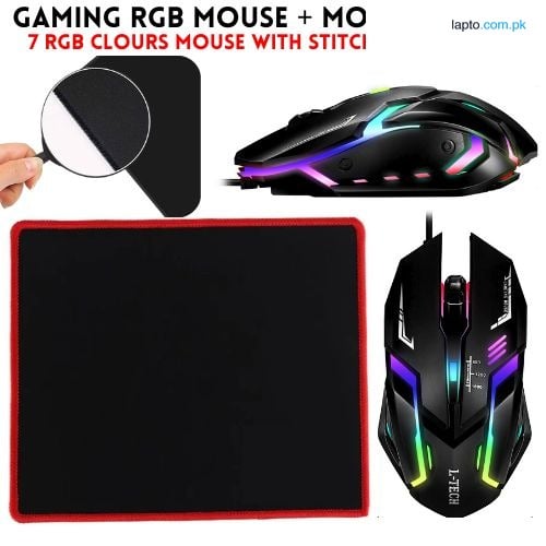Gaming Mouse RGB With High Quality Mouse pad (Red Colour) - 7 Light Breathing RGB Mouse With All Sides Stitched Mousepad - USB Wired Gaming Mouse For PC & Laptop - No Side Button