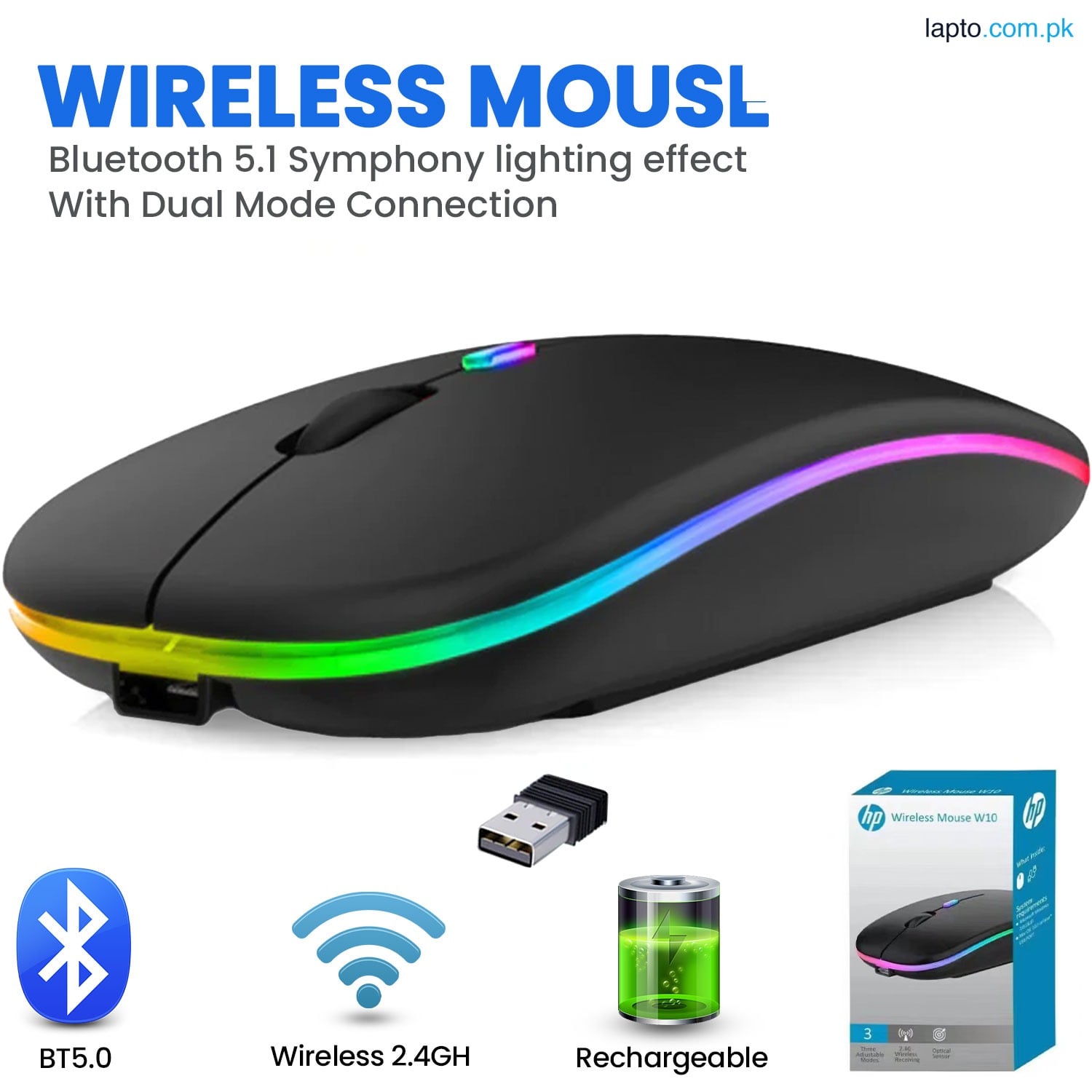 HP Wireless Mouse Gaming Mouse 2.4GHz Rechargeable Silent Optical Mouse with USB Receiver 1000/1200/1600 DPI Ergonomic Mouse with 7 Color Breathing Lights for PC Laptop(Black New)