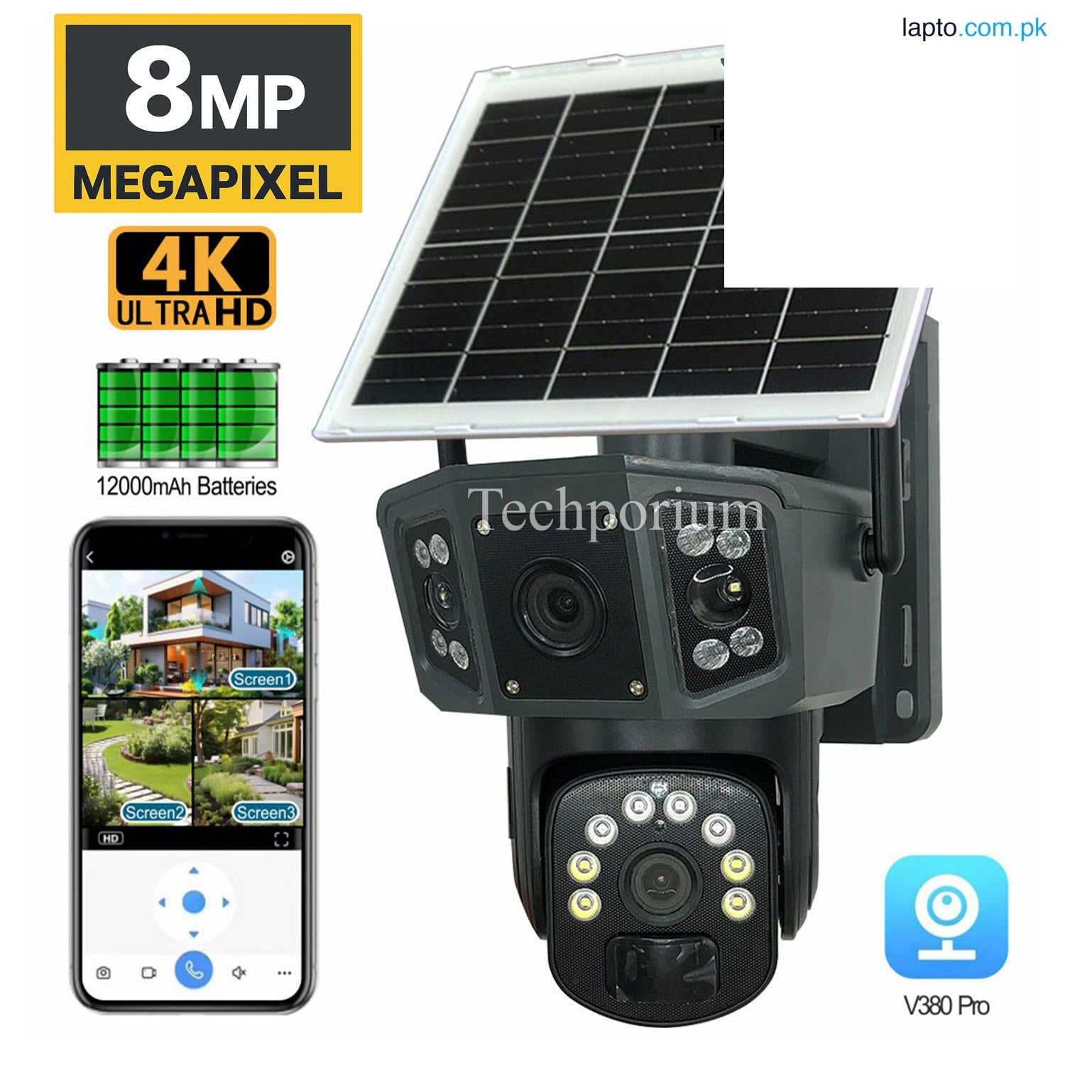 Solar CCTV WiFi Camera 8MP (4+4) Smart 4K Ultra HD Dual Lens 10x Zoom Outdoor Security IP Cam Full Color Night Vision Two Way Talk Motion Detection Auto Tracking Shop Office Garage Home 8000mAh Battery Backup V380 Pro App Solar Security Camera