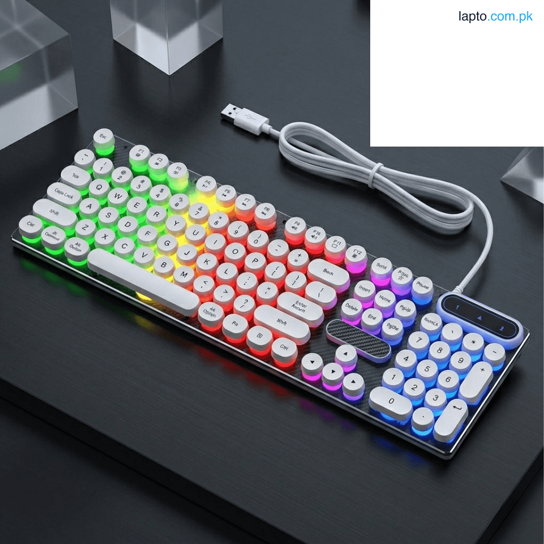 White RGB Gaming Keyboard – Mechanical Feeling Wired USB Backlit Keyboard | Waterproof & Ergonomic Design for PC, Laptop, Mac & Smart TV – Professional Gaming Keyboard with Smooth Round Keys