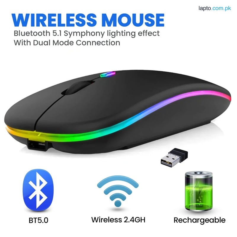 RGB Wireless Mouse - Slim & Silent 7 Colour LED Lights - Black & Transparent Body - Dual Mode 2.4G & Bluetooth Rechargeable Portable Optical Office Mouse With USB Receiver - 3 Adjustable DPI Levels for Notebook, PC, Computer, MacBook