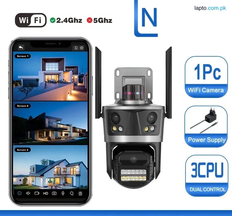 Outdoor WiFi Security Camera with 3-Lens Dual View, 360° PTZ Pan-Tilt Zoom, Motion Detection, Night Vision,, Compatible with Alexa - Ideal for Home and Outdoor Surveillance, Outdoor Security Camera|Modern Security Camera| Camera