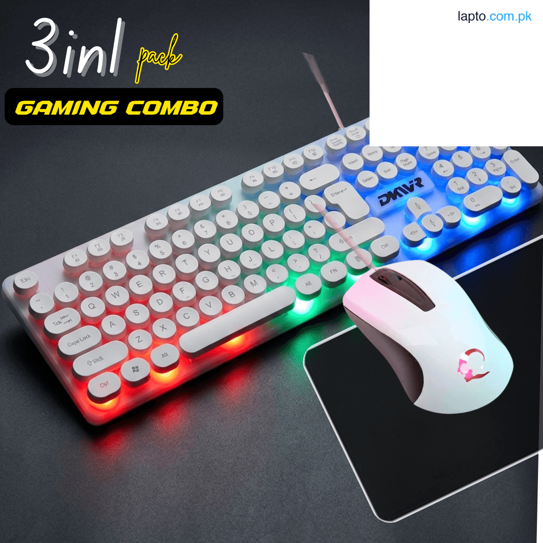 3-in-1 Wired RGB Gaming Combo: Backlit Keyboard - Mouse & Mouse Pad Set for PC/Laptop (White) Round Keys