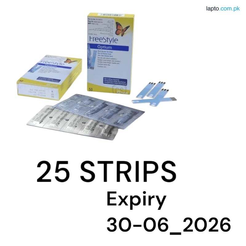FREE STYLE OPTIUM BLOOD GLUCOSE TEST STRIPS 1 X 25 ONLY STRIPS + 10 LANCETS + 10 ALCOHAL SWABS + 10 SANIPLAST + 5 FACEMASKS