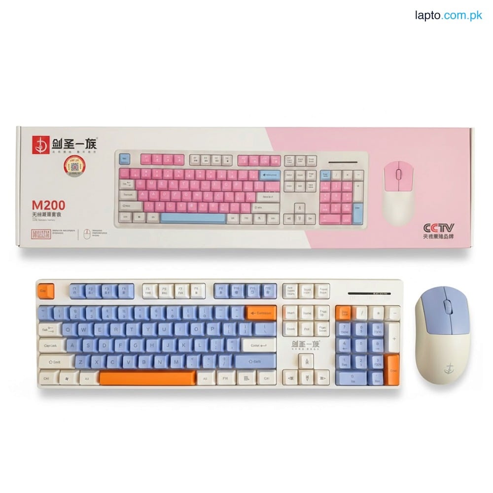 M200 2.4GHz Wireless Keyboard & Mouse Combo - White Color with Blue & Orange Keys for PC & Laptop