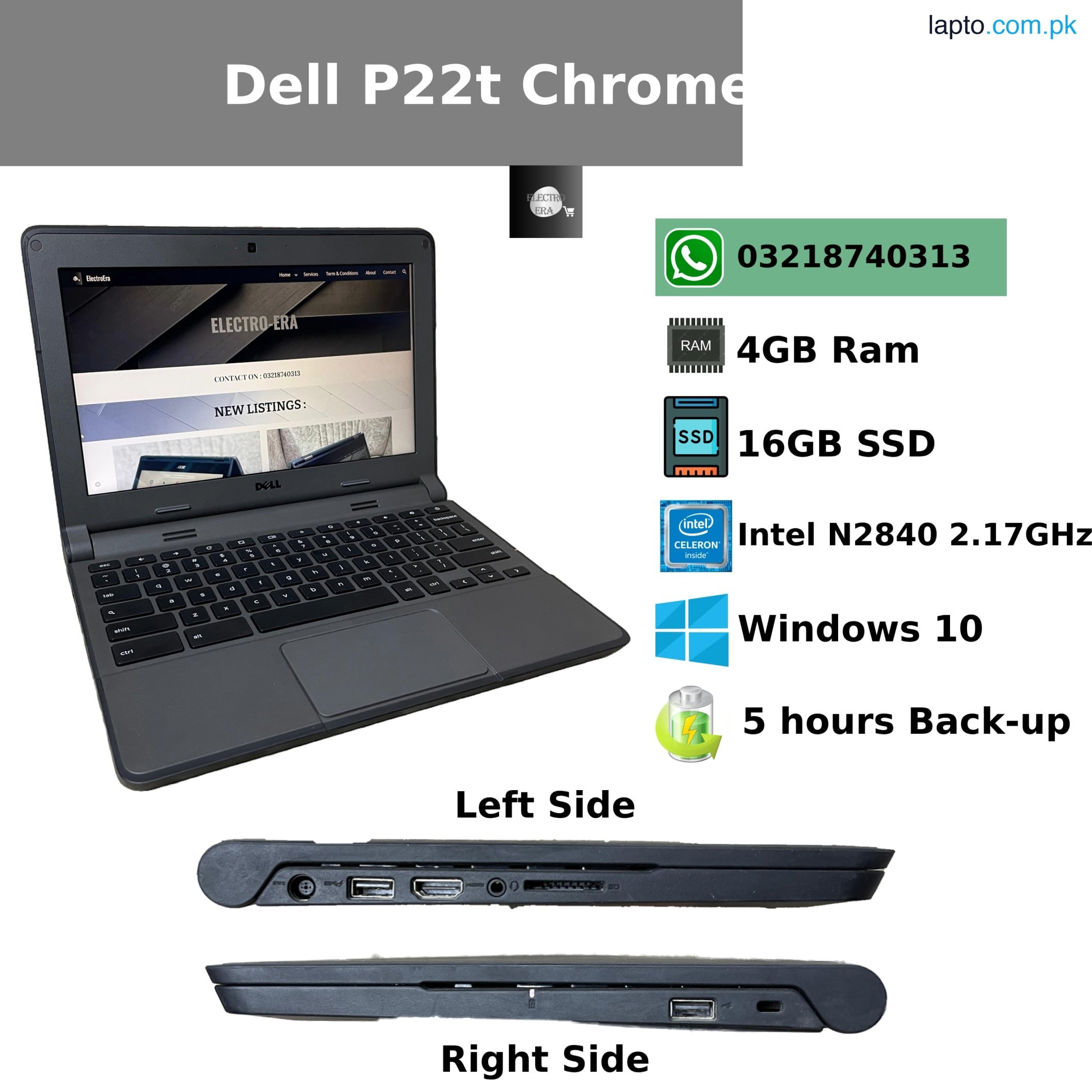 Dell Windows 10 Laptop- Dell P22t Chromebook Windows Converted - 4GB Ram DDR3 - 16GB Storage - 3 hours battery backup - Best Laptop For Students - Best Laptop For Online Works -
